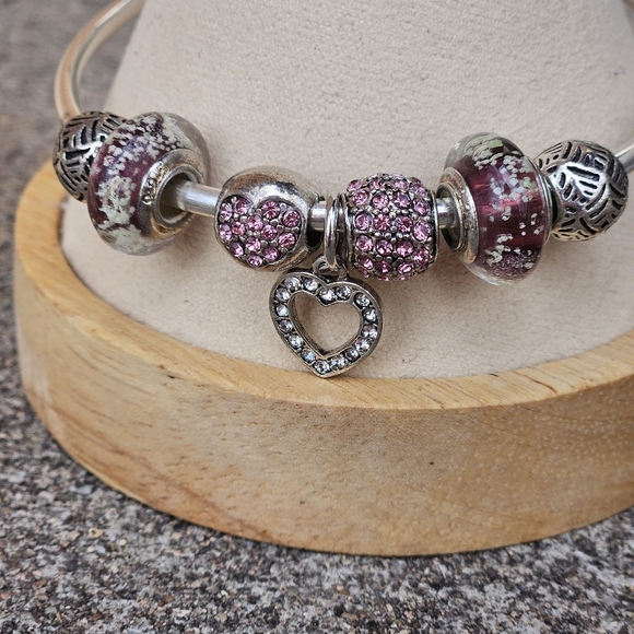 Jewelry - Purple and Silver Slider Charm Bracelet Heart Rhinestone 925 Women's Jewelry